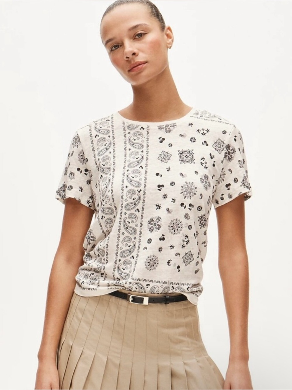 NWT J. Crew New Relaxed Linen T-shirt Short Sleeve Bandana Print Safari